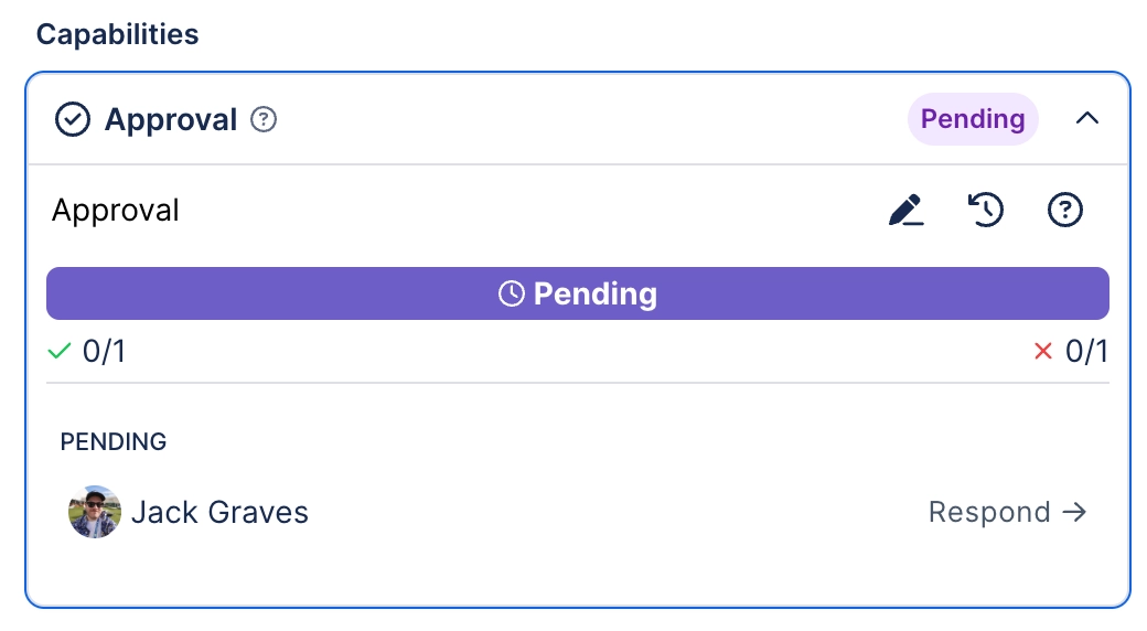 The Approval panel in a search side panel, under a Capabilities heading, showing a purple Pending bar, counts of 0 of 1 approved and 0 of 1 rejected, and Jack Graves listed under Pending with a Respon