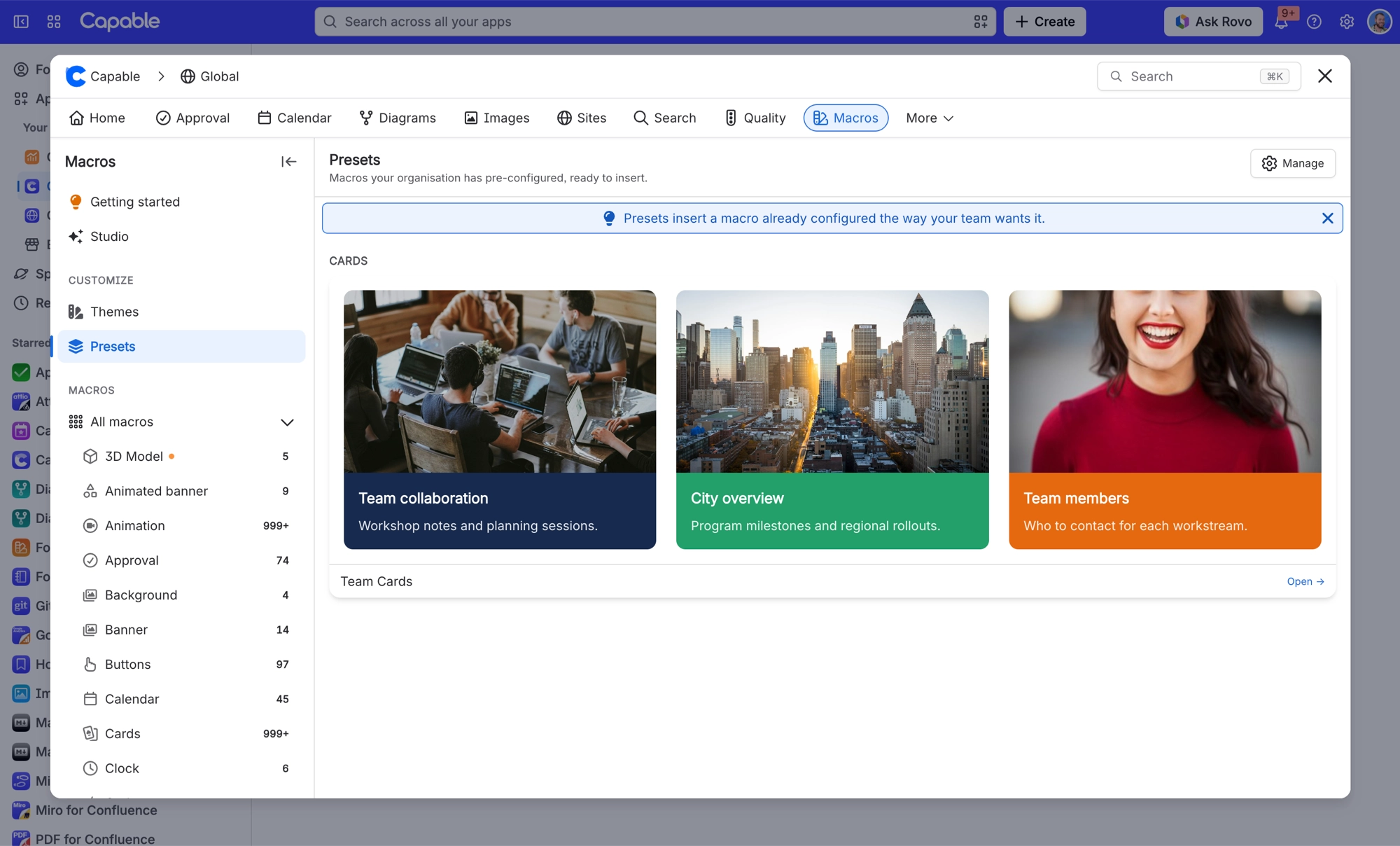 Macros Presets page showing a saved Team Cards preset with three image cards and a Manage button