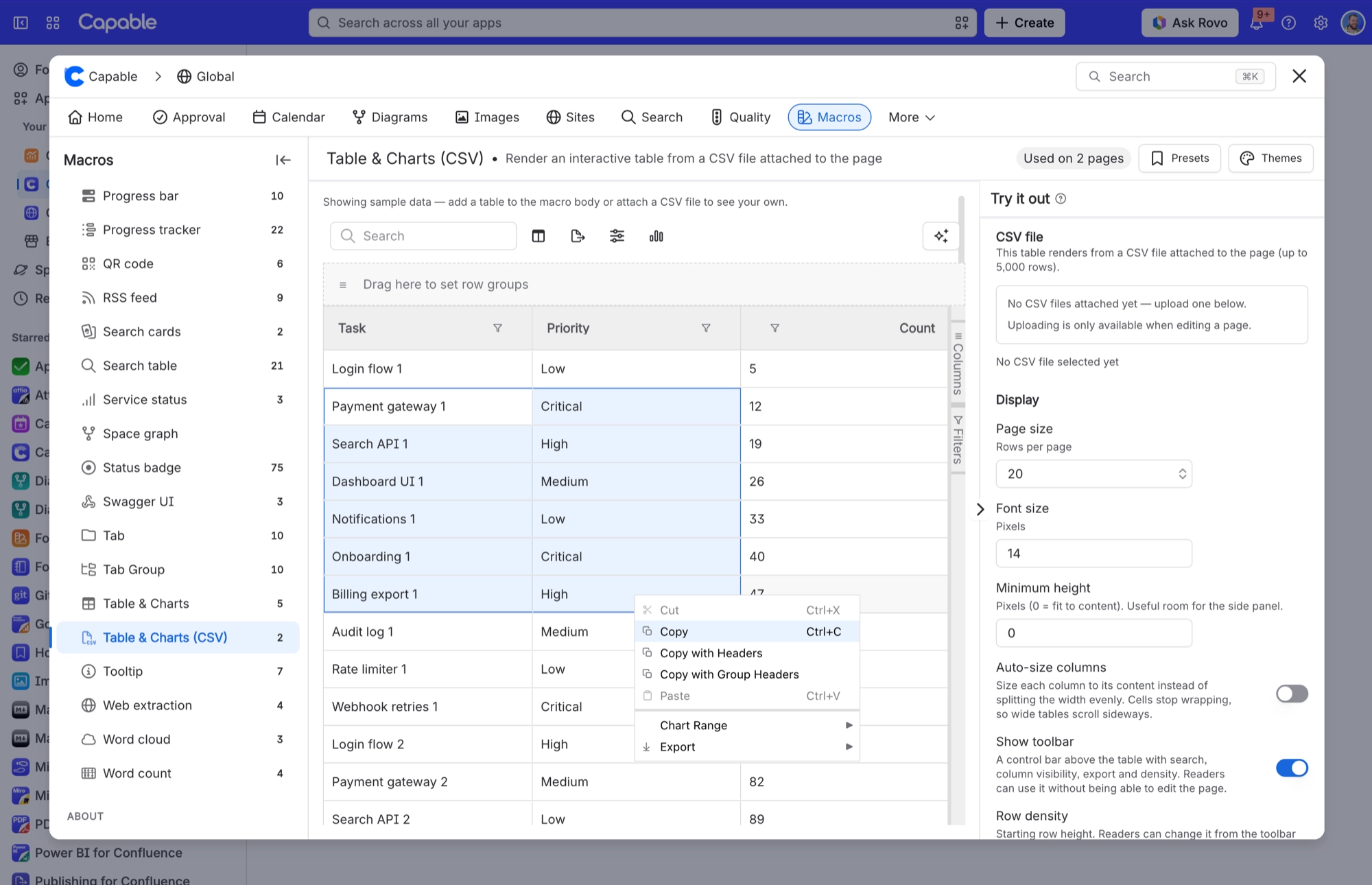 CSV table macro with a block of cells selected and a right click menu, beside its CSV file and Display settings