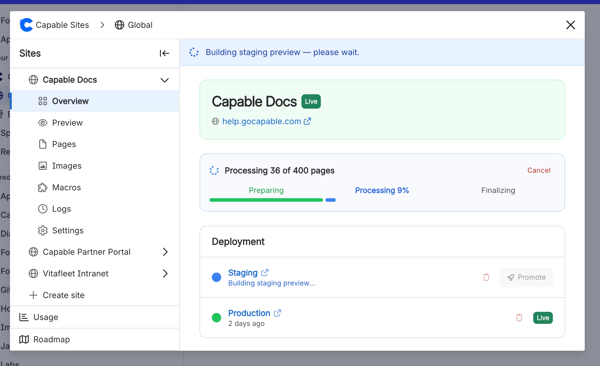Sites panel showing a banner reading Building staging preview, please wait, and a progress card reading Processing 36 of 400 pages with Preparing, Processing 9 percent and Finalizing stages and a Canc