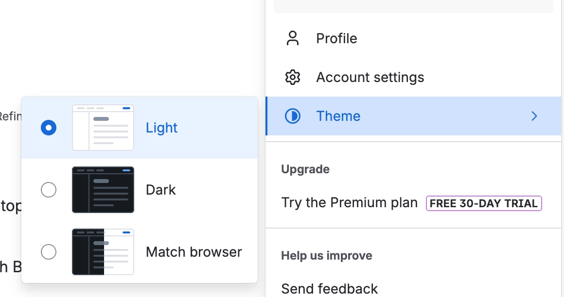 The Confluence profile menu with Theme selected, showing Light, Dark and Match browser options with Light chosen.