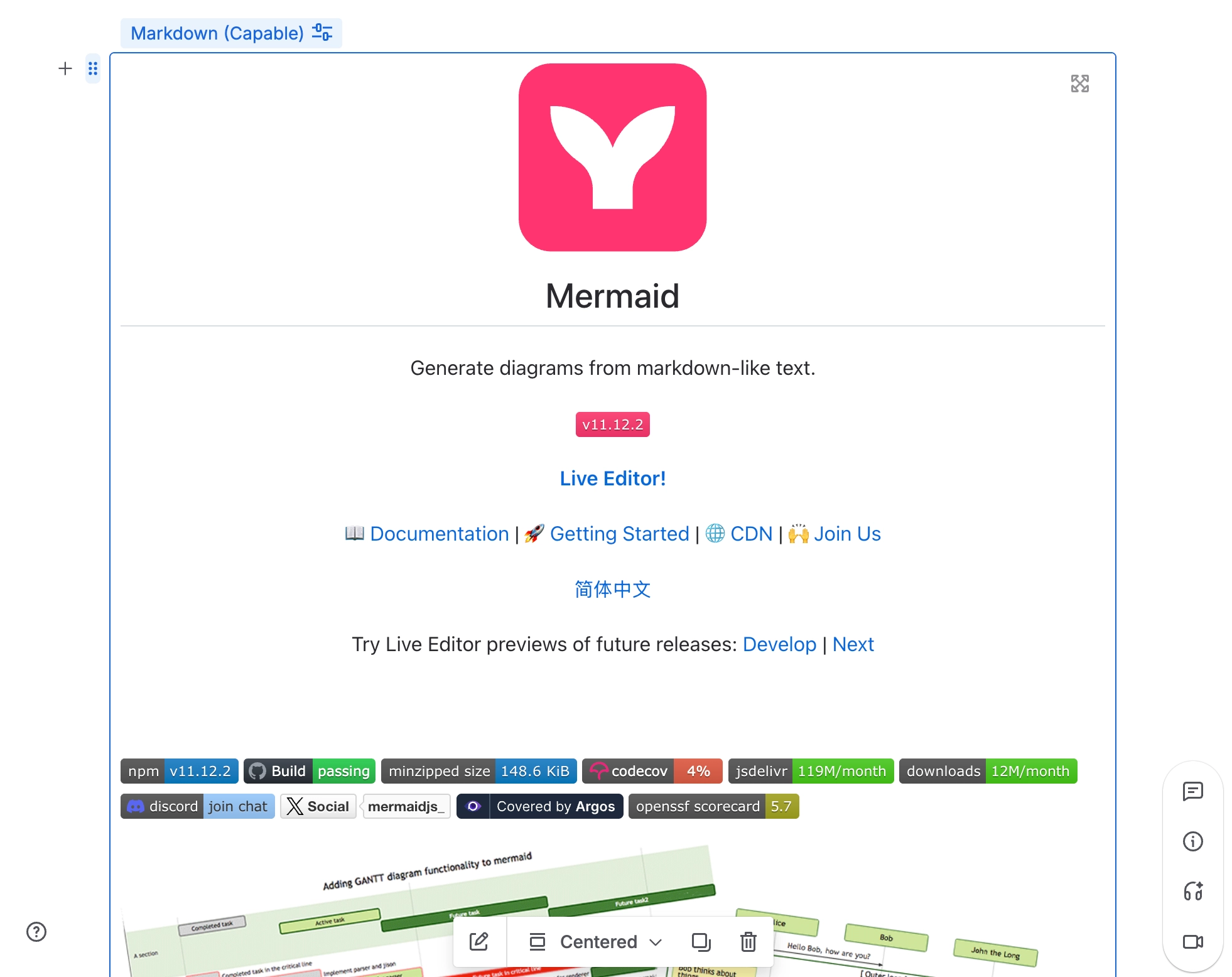A Confluence page holding a Markdown (Capable) macro that renders the Mermaid project readme, including its logo, description, status badges and a gantt chart image, with a floating macro toolbar offe