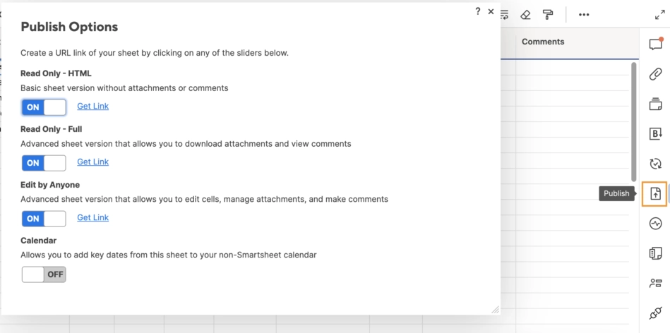 Smartsheet's Publish Options panel listing Read Only - HTML, Read Only - Full, Edit by Anyone and Calendar, each with an on or off toggle and a Get Link link, with the Publish icon highlighted in the 