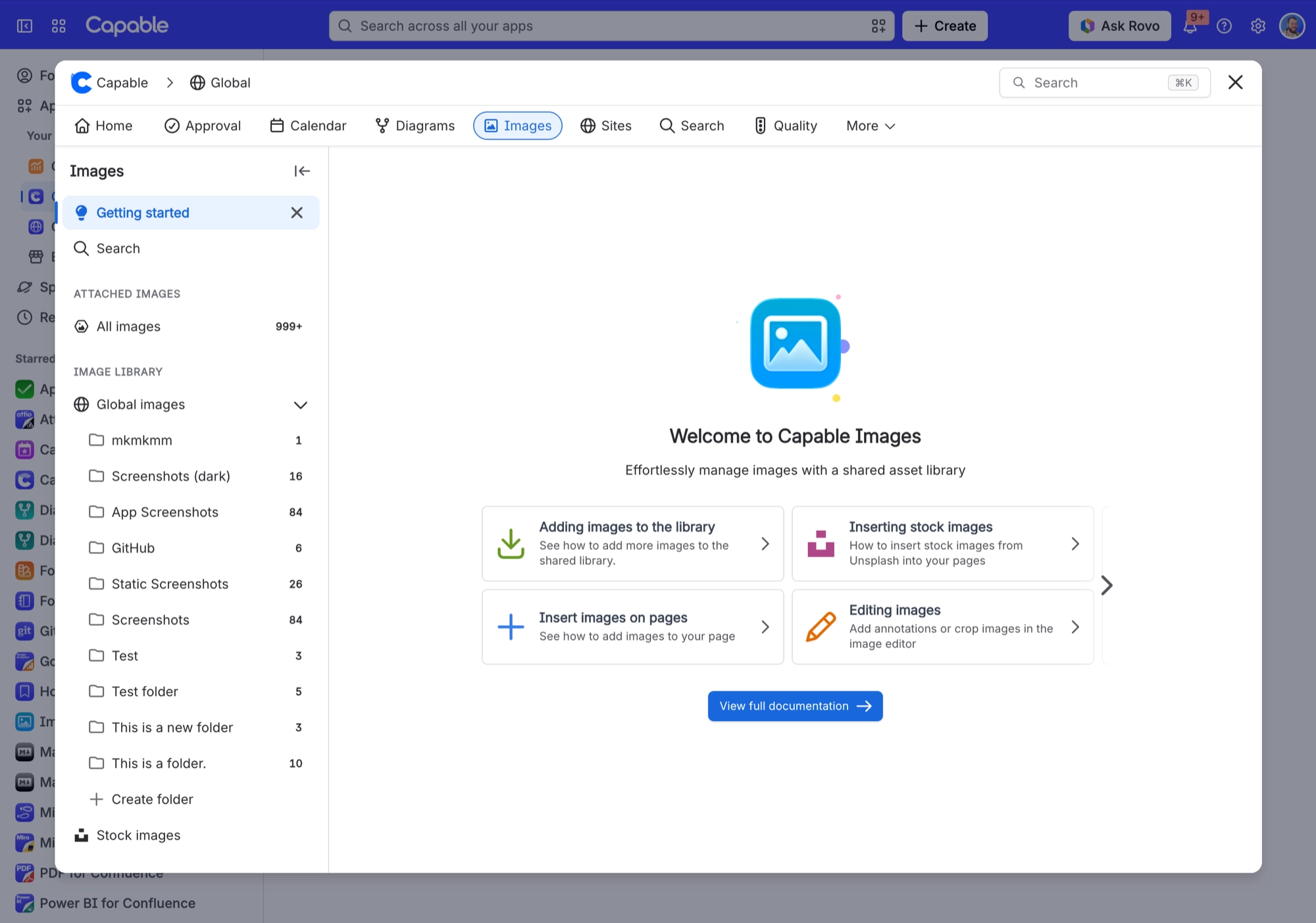 Capable Images welcome screen with the library folders listed down the left side and cards for adding, inserting and editing images