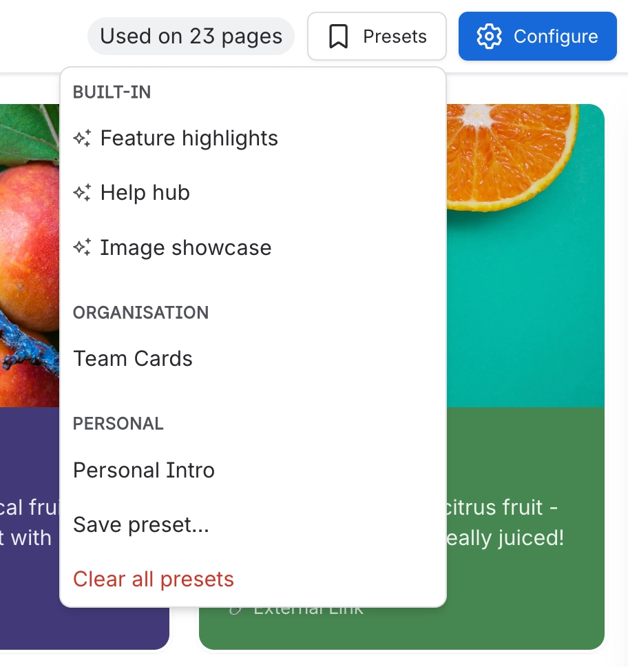 A presets menu open over a cards macro, listing built-in presets Feature highlights, Help hub and Image showcase, an organisation preset called Team Cards, a personal preset called Personal Intro, and
