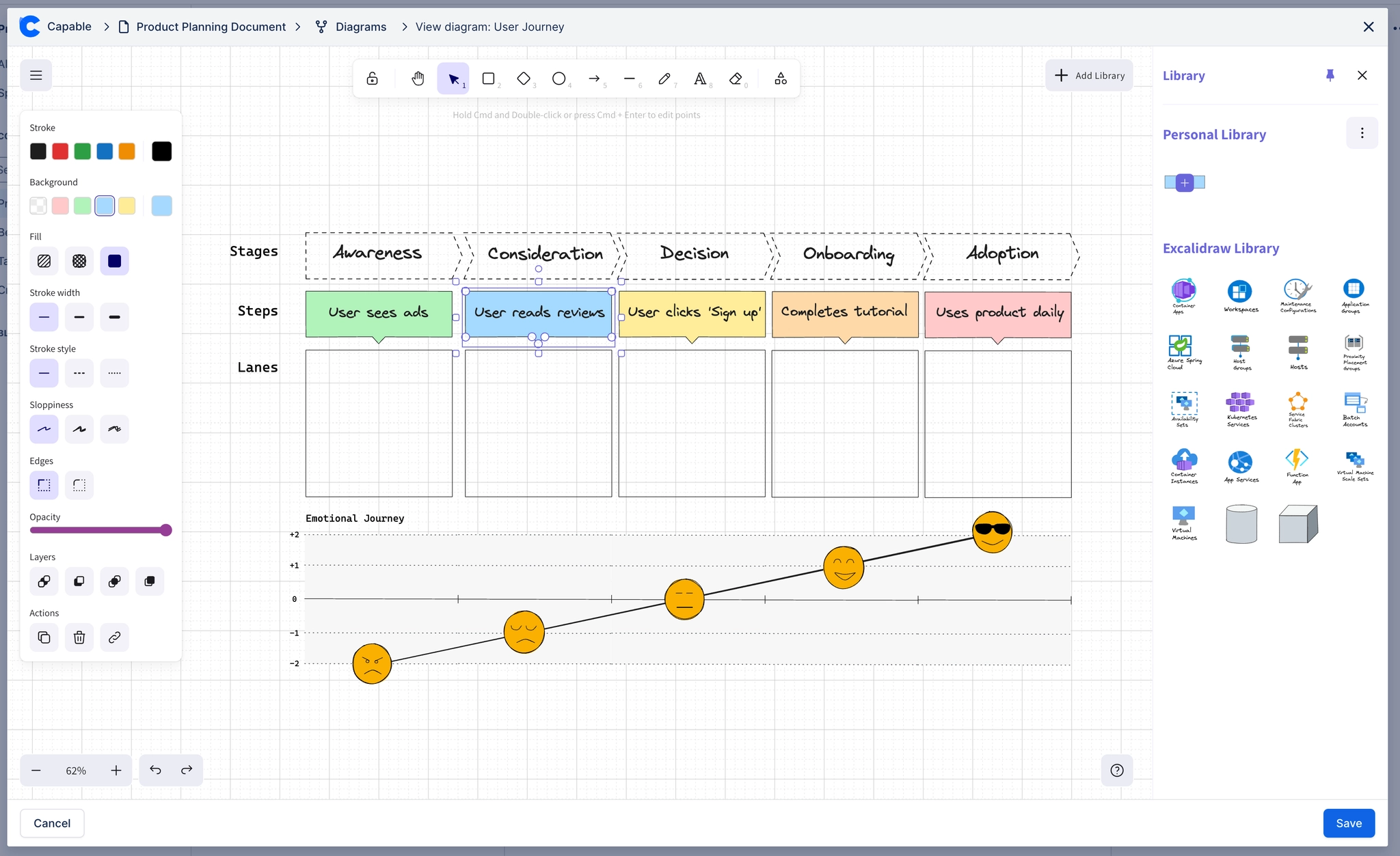 The Excalidraw surface open on a user journey diagram, with stroke, background and layer controls on the left and a library of Azure icons on the right.