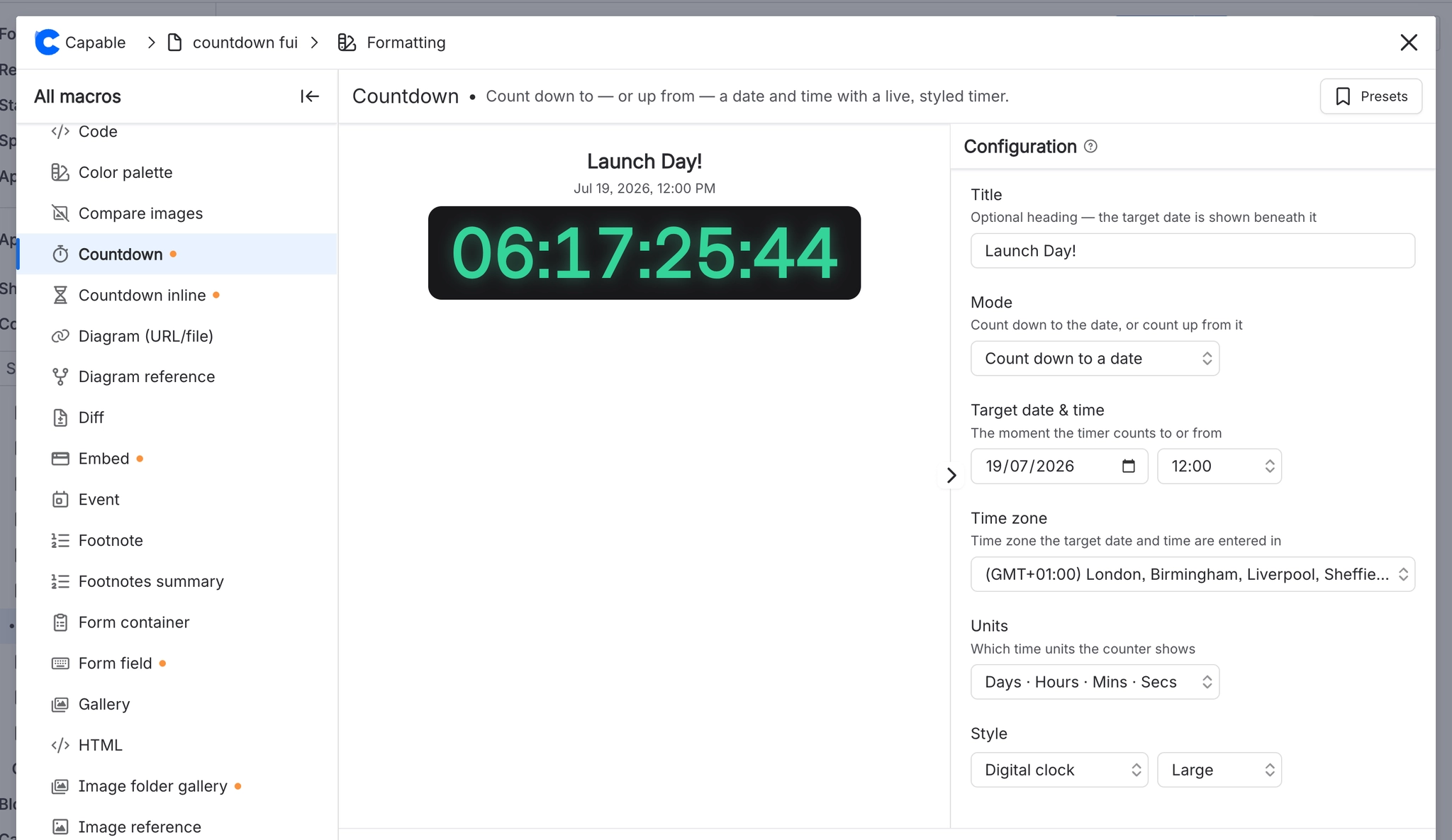 The Countdown macro configuration modal showing a green digital clock preview titled launch day, next to title, mode, target date and time, time zone, units and style fields, with the macro list on th