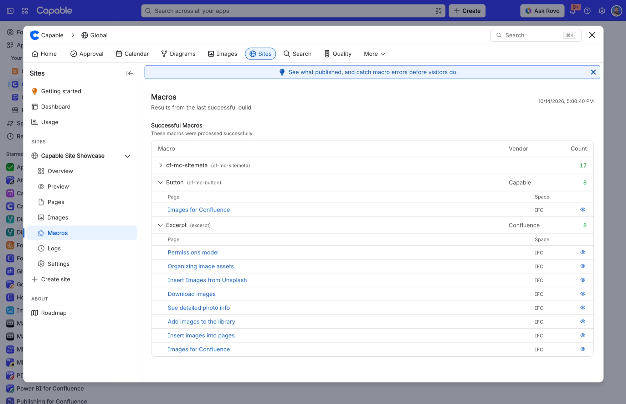 Capable Sites Macros page for a site, listing macros from the last build with their vendor, count and the pages that use them