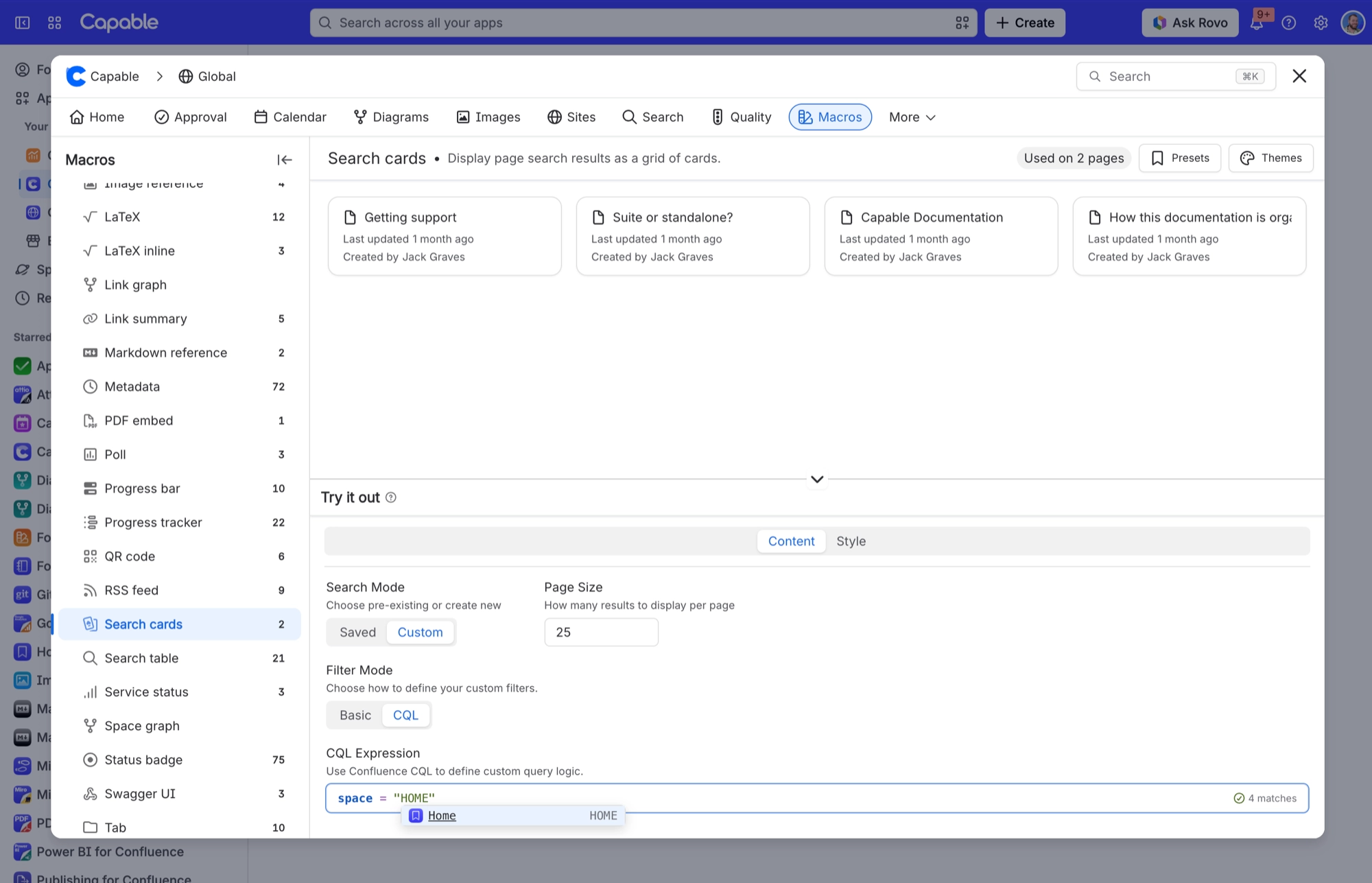 The Search cards macro in Capable Macros, with a preview of four page cards above settings for search mode, page size and filter mode, with a filter expression entered