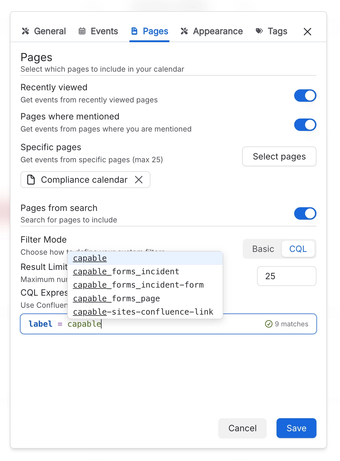 Calendar settings Pages tab with Pages from search on, Filter Mode set to CQL and a label query finding 9 matching pages