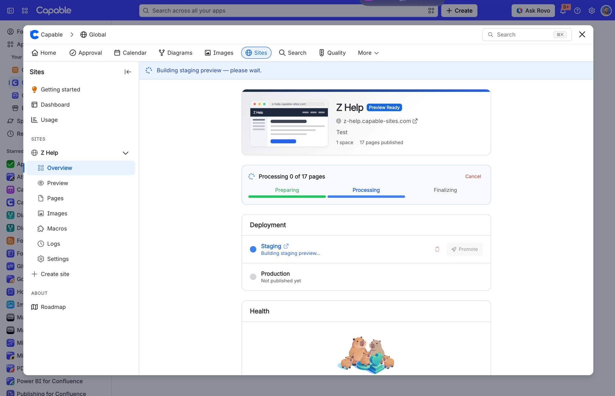 Sites Overview with a deploy in progress, showing the progress panel with a Cancel link and Staging marked as building
