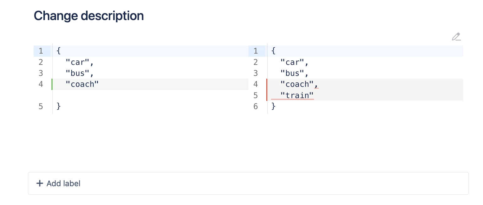 Two short JSON snippets side by side under a heading reading change description, with a line reading train added and highlighted on the right.
