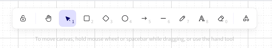 The Excalidraw toolbar showing lock, hand, selection, rectangle, diamond, ellipse, arrow, line, draw, text and eraser tools, each with a number beside it.