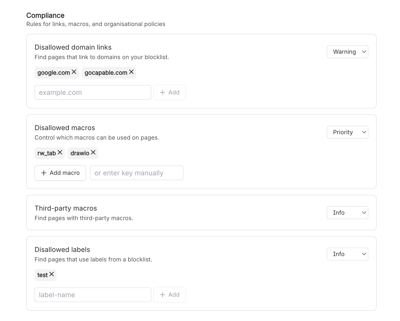 The Compliance section of the Rules page listing Disallowed domain links with google.com and gocapable.com blocked, Disallowed macros with rw_tab and drawio blocked, Third-party macros, and Disallowed