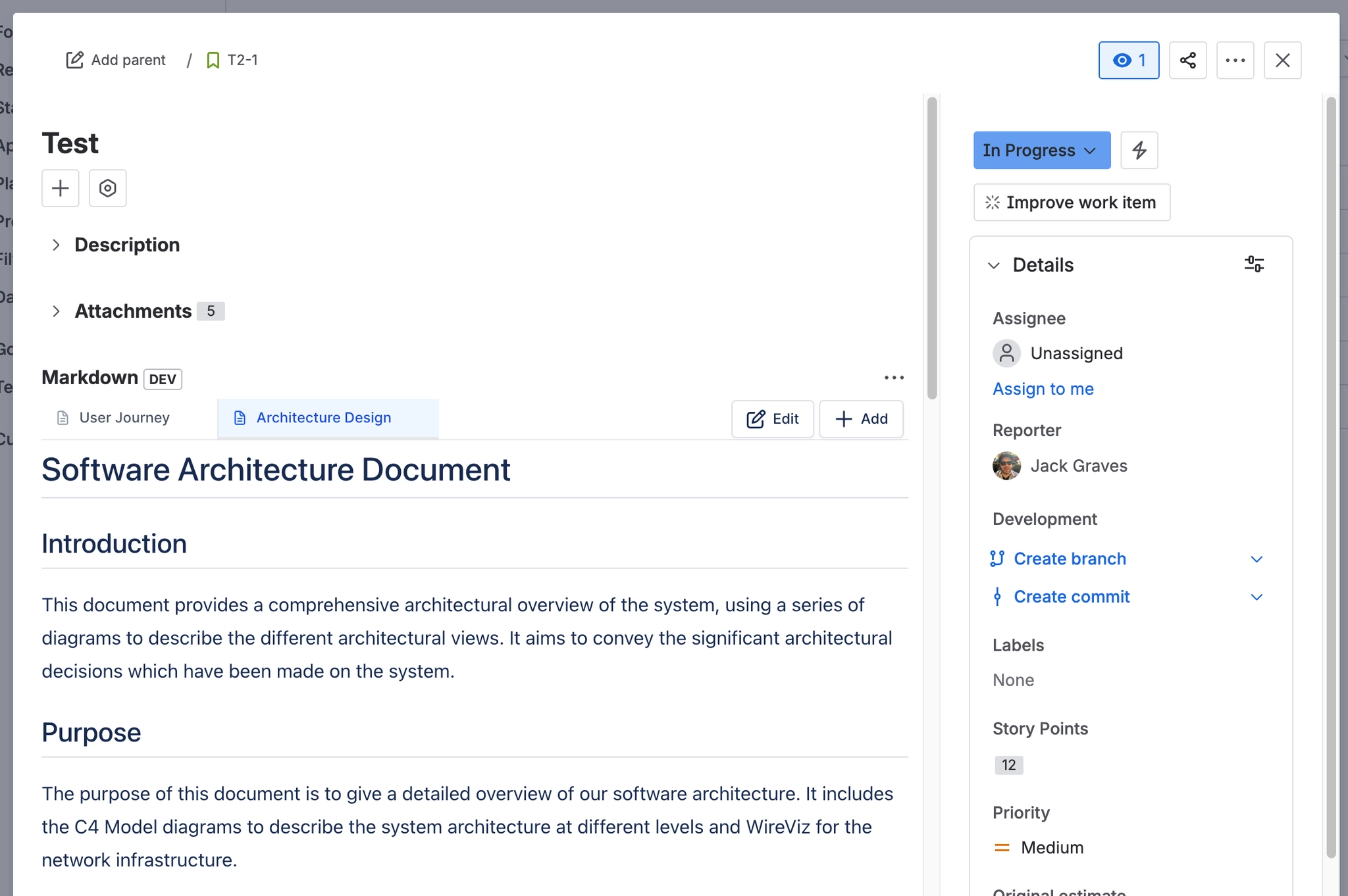 A Jira work item with the Capable Markdown panel open, showing tabs for User Journey and Architecture Design, a rendered software architecture document, and Edit and Add buttons.