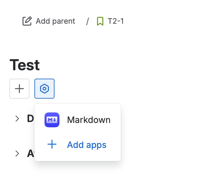 Close-up of a Jira work item header with the apps button open and a small menu listing Markdown and Add apps.