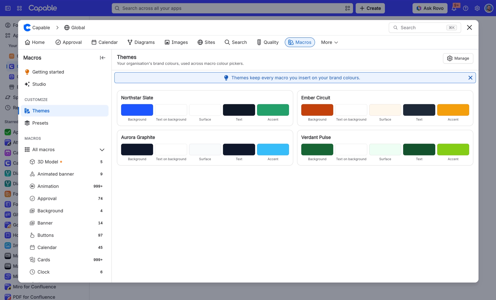 Macros Themes page listing four brand themes, each with background, text on background, surface, text and accent swatches