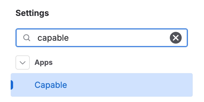 The Confluence settings sidebar with the word capable typed into the search box and the Capable entry selected beneath an expanded Apps section.