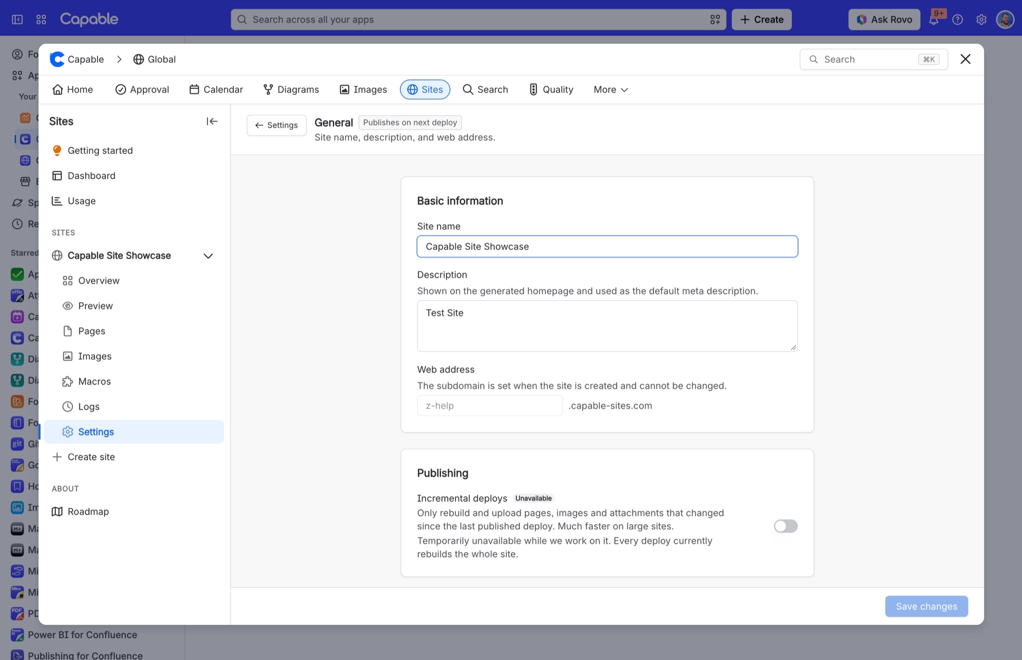 Sites Settings General page with the site Description field, used as the default meta description