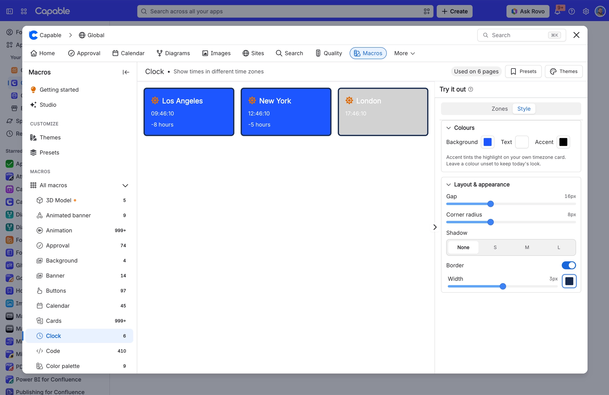 Clock macro Style tab with colour, gap, corner radius, shadow and border settings applied to blue clock cards