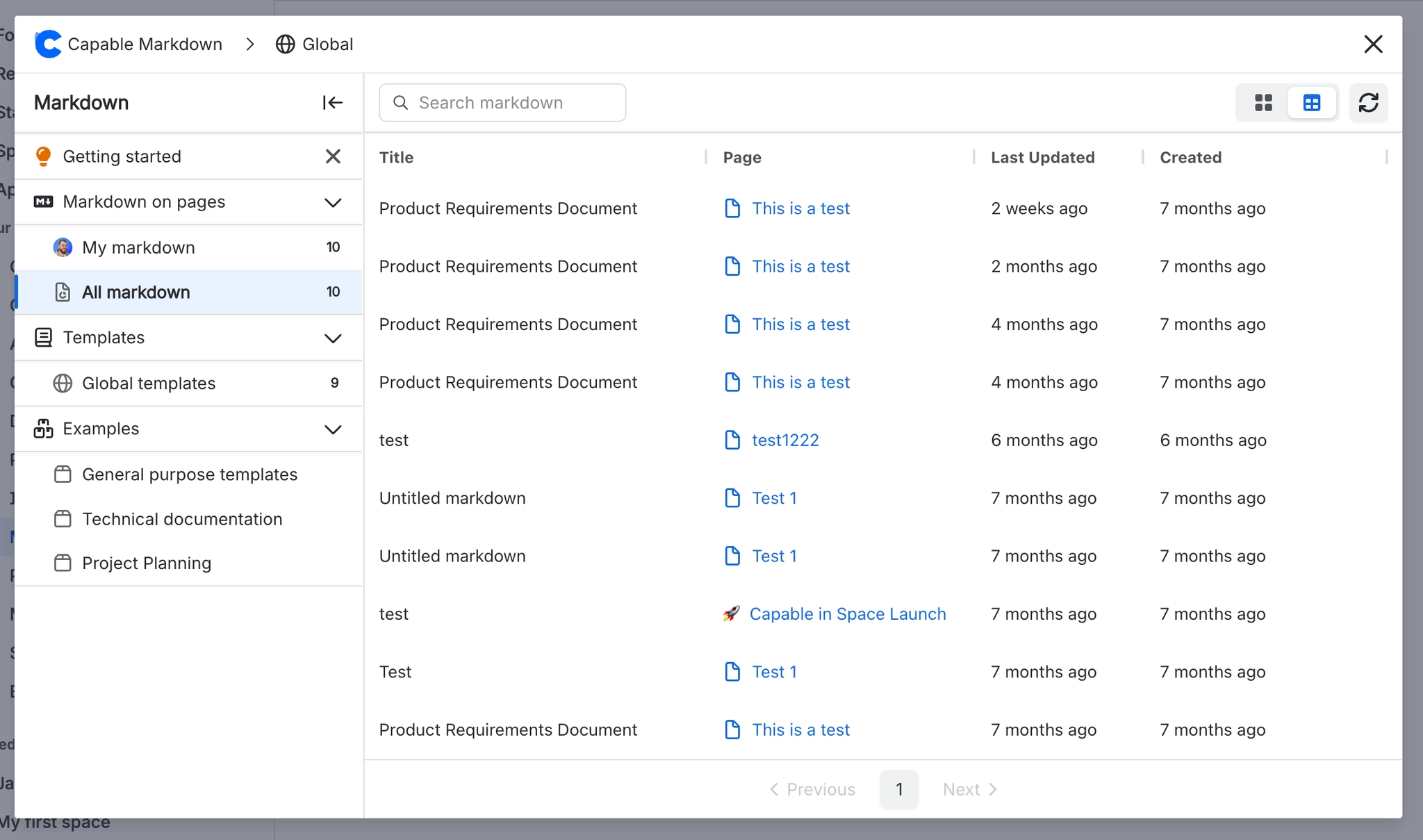 The Capable Markdown catalogue in a dialog headed Markdown, with a left nav listing Getting started, Markdown on pages with My markdown and All markdown, Templates and Examples, and a table of documen