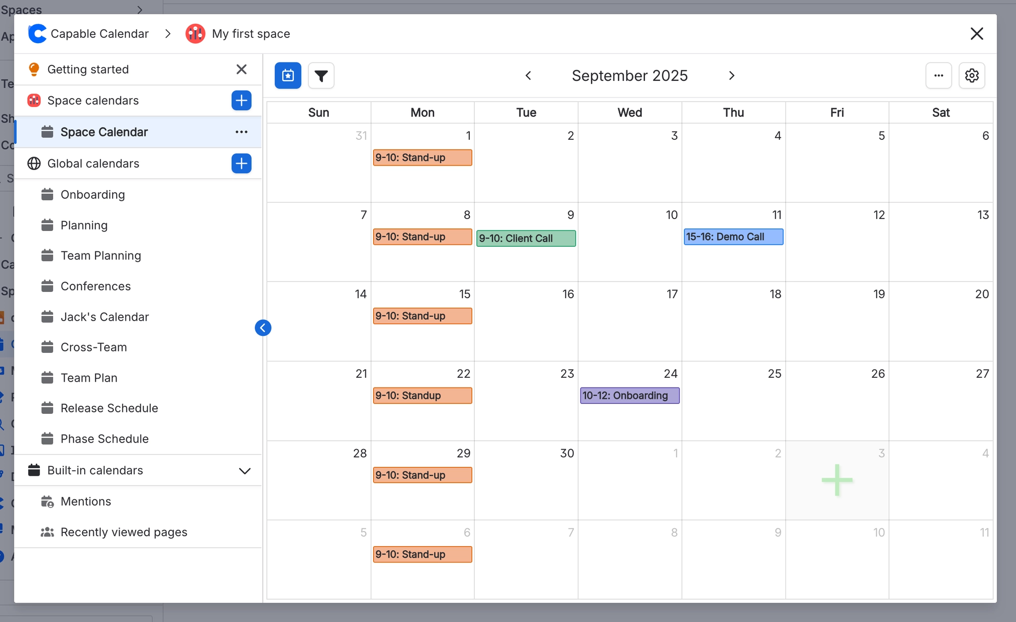 The Capable Calendar page with a sidebar listing space, global and built-in calendars, next to a September 2025 month grid holding several events.