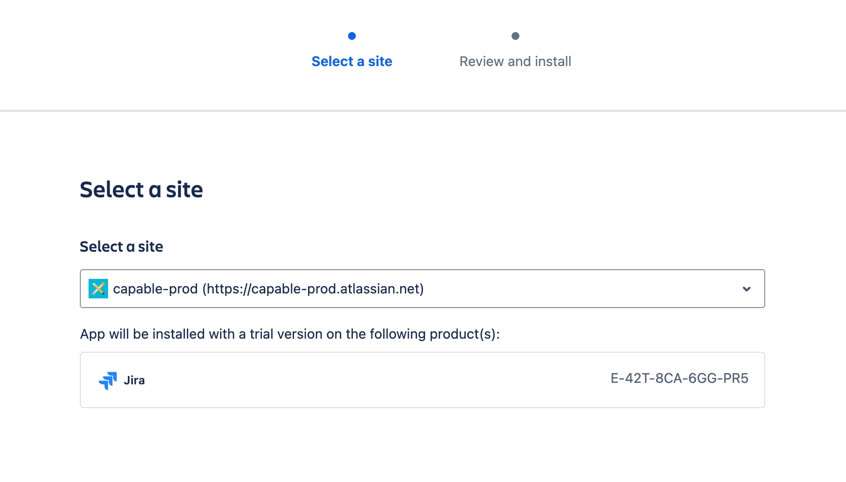 Select Site to install app into