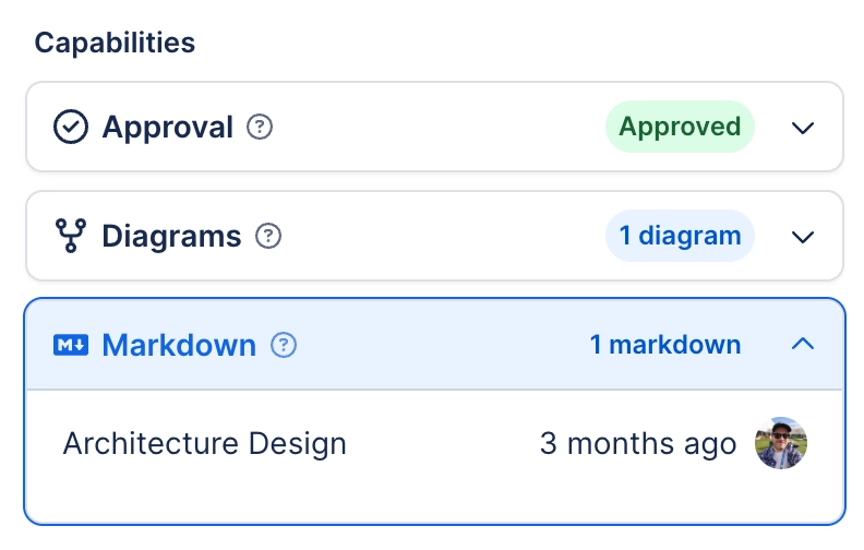 The Capabilities group of a search side panel, showing Approval marked Approved, Diagrams with one diagram, and the Markdown panel expanded to show a single entry named Architecture Design added three