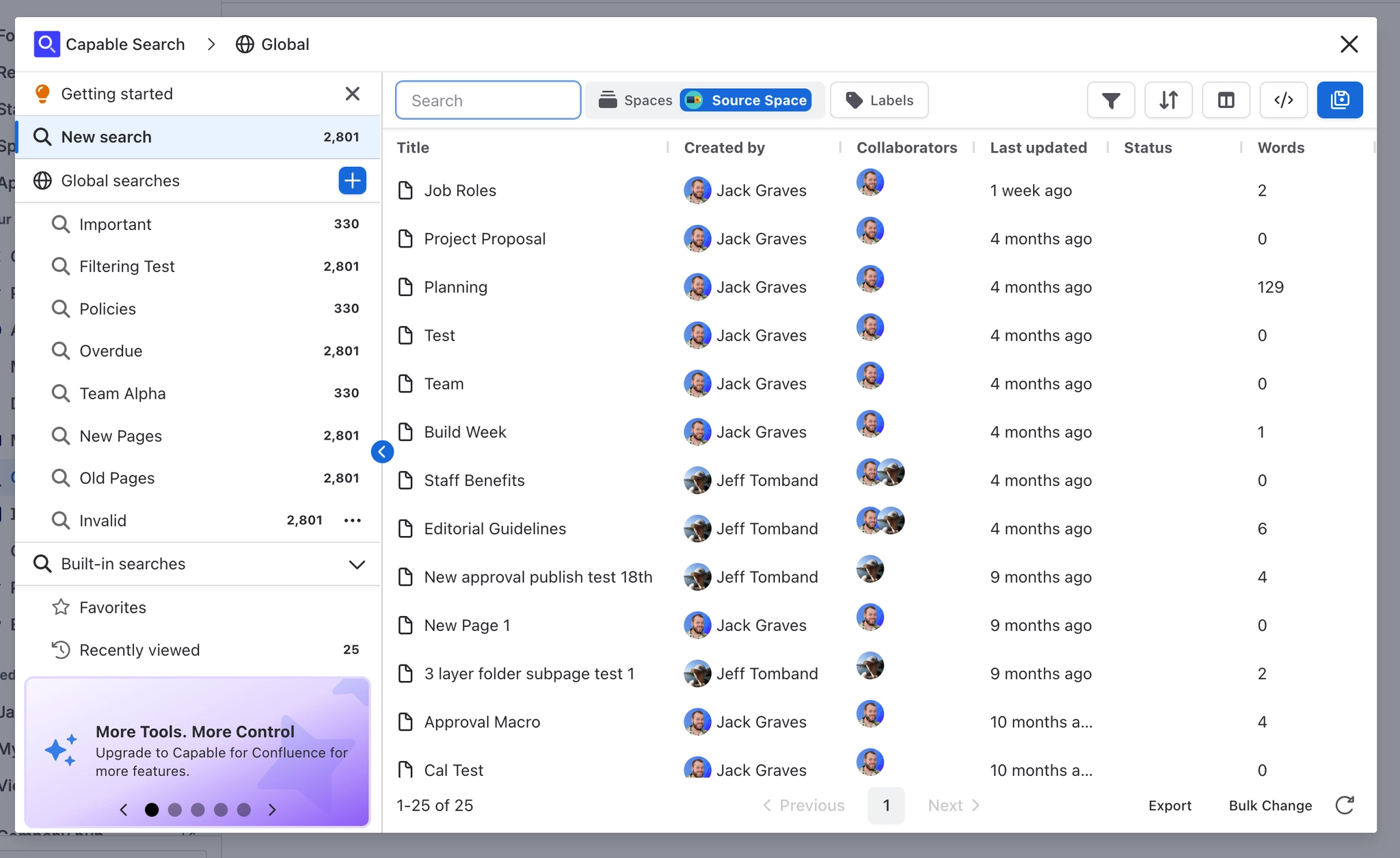 The Capable Search window scoped to Global, with a rail of saved searches and their counts on the left and a results table showing title, created by, collaborators, last updated, status and words, plu