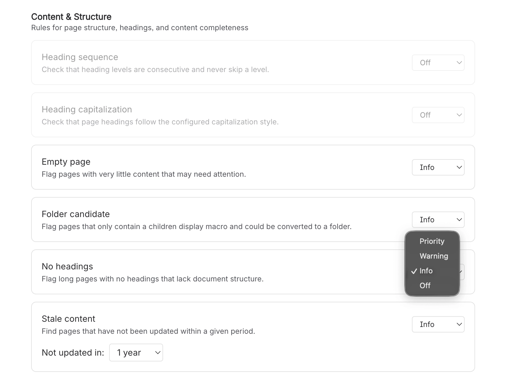 The Content and Structure section of the Rules page showing Heading sequence and Heading capitalization turned off, Empty page, Folder candidate, No headings and Stale content set to Info, a severity