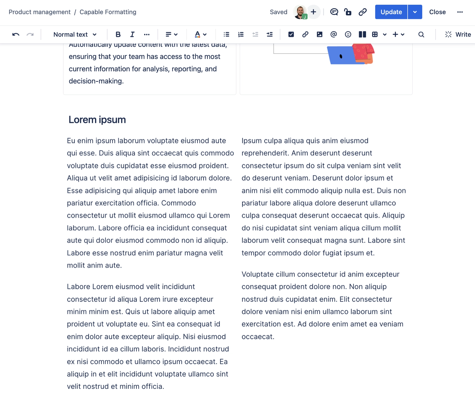 The Confluence editor showing a heading followed by generated Latin placeholder text arranged in two columns.