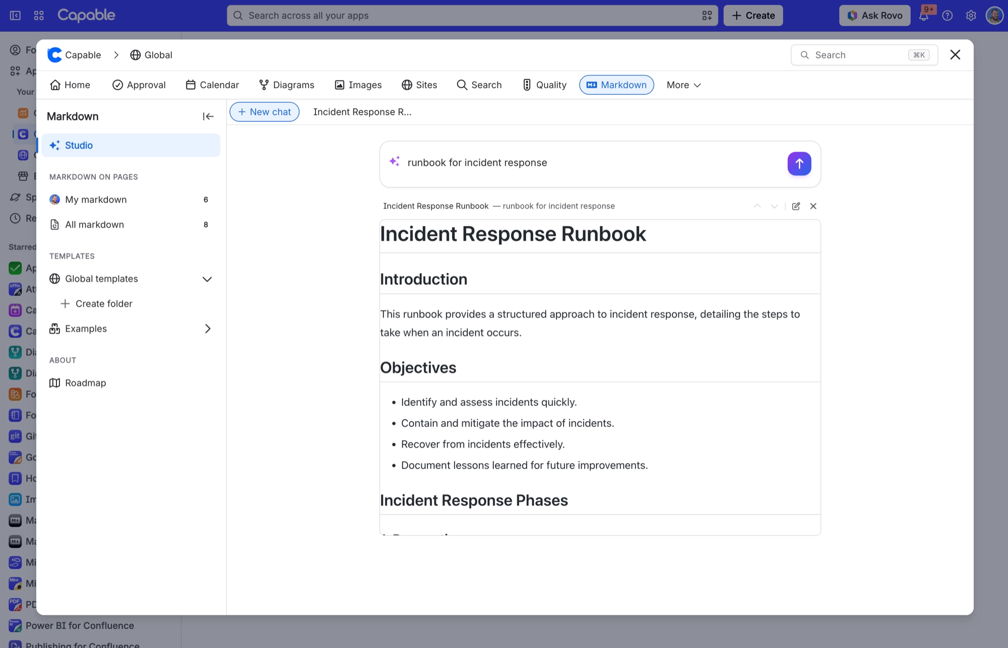 Markdown Studio with a runbook for incident response prompt and the generated Incident Response Runbook below it