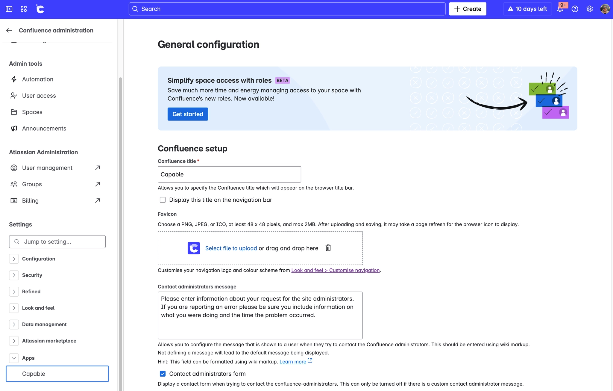 Confluence Admin Screen
