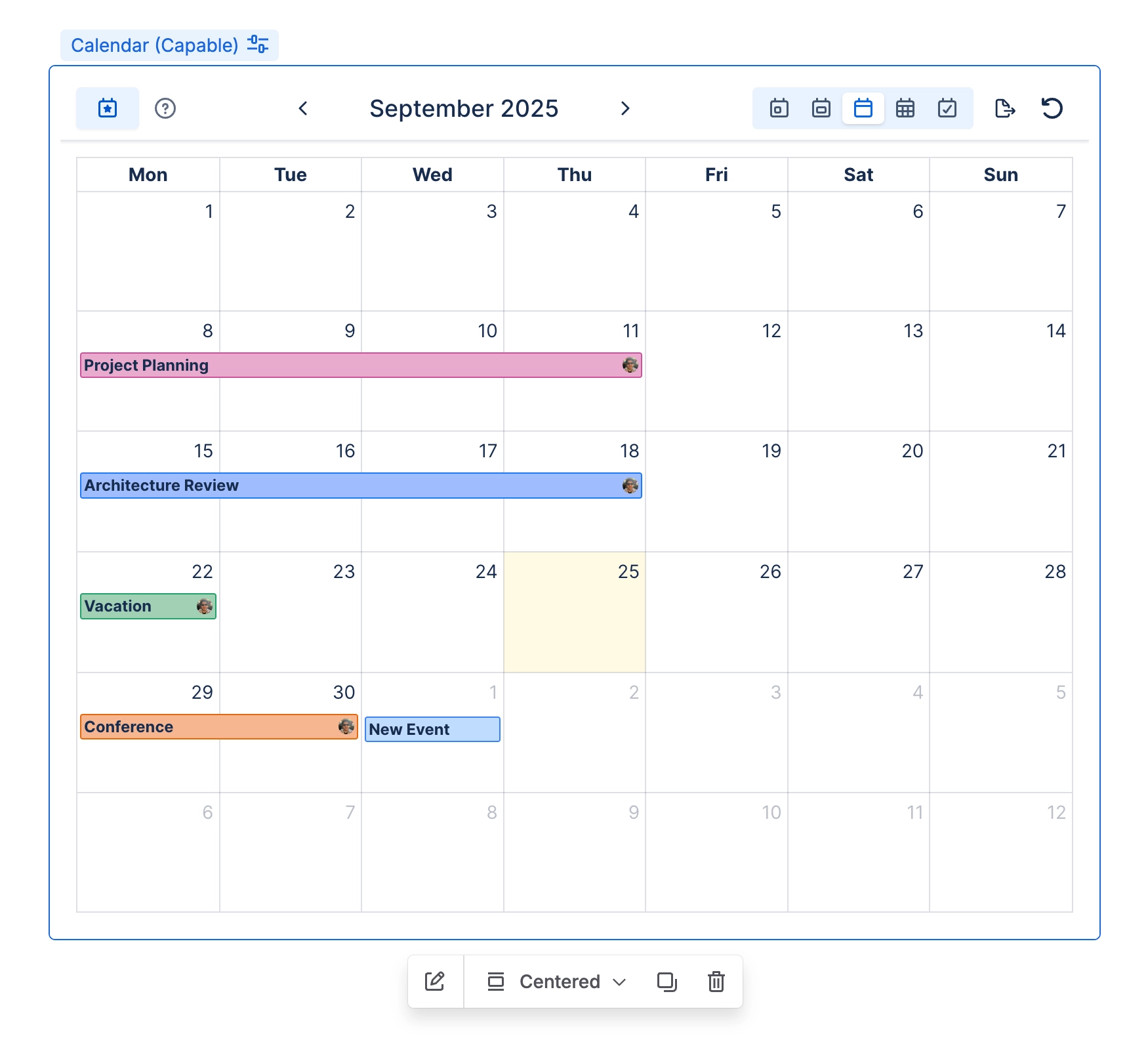 Calendar (Capable) macro selected in the Confluence editor, showing a September 2025 month grid of coloured event bars with a macro toolbar beneath it.