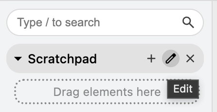 The draw.io shape search panel with the Scratchpad section expanded, a drop area reading drag elements here, and an Edit tooltip over the pencil button.