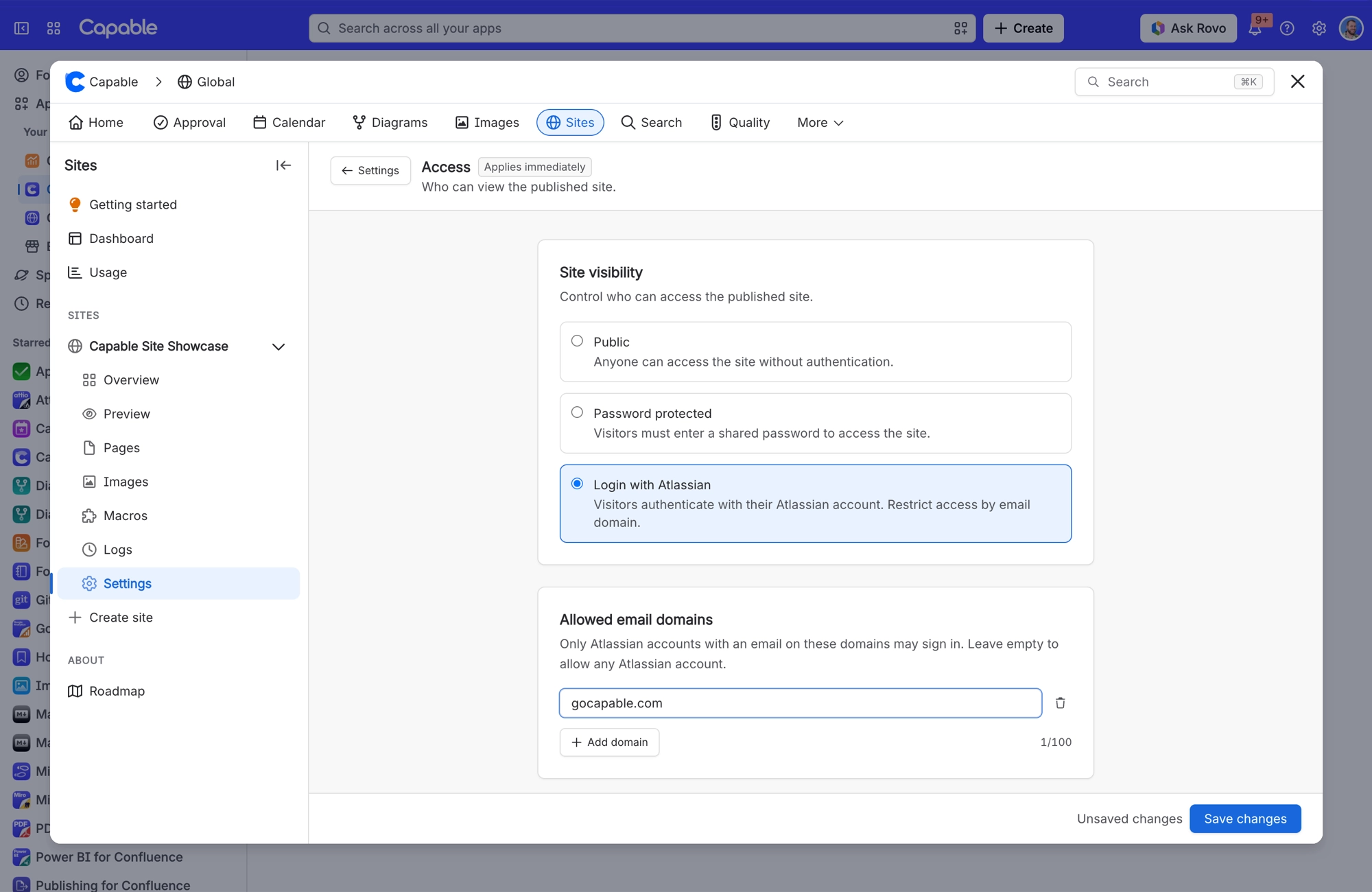 Sites Access settings with Login with Atlassian selected and one company email domain under Allowed email domains