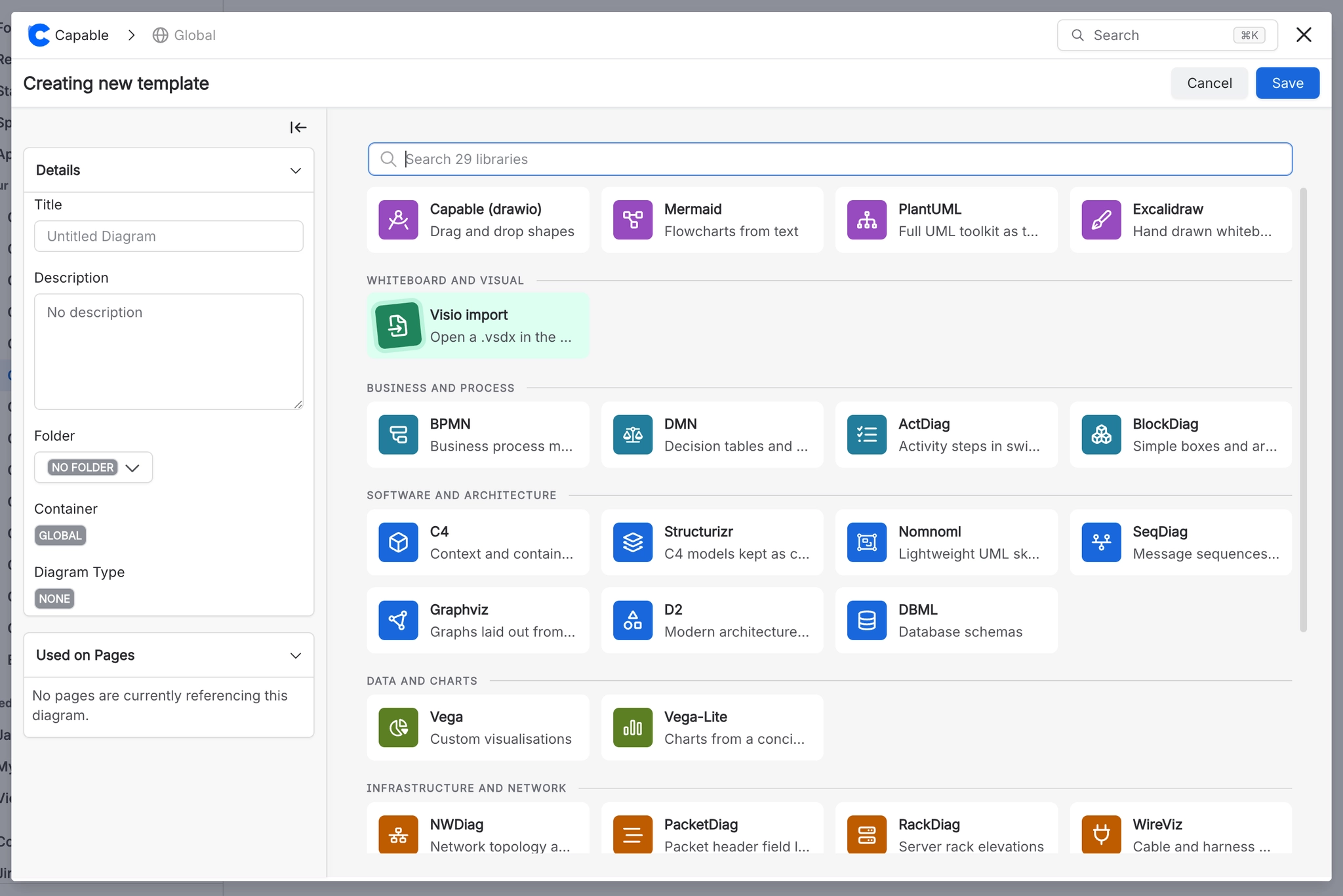 The diagram framework picker showing Capable drawio, Mermaid, PlantUML and Excalidraw at the top, with Visio import highlighted under Whiteboard and visual, followed by groups for business and process