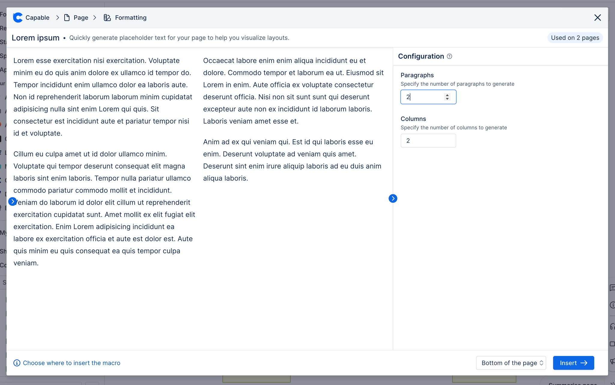 The Lorem ipsum configuration panel with Paragraphs set to 2 and Columns set to 2, and two columns of placeholder text previewed to the left.