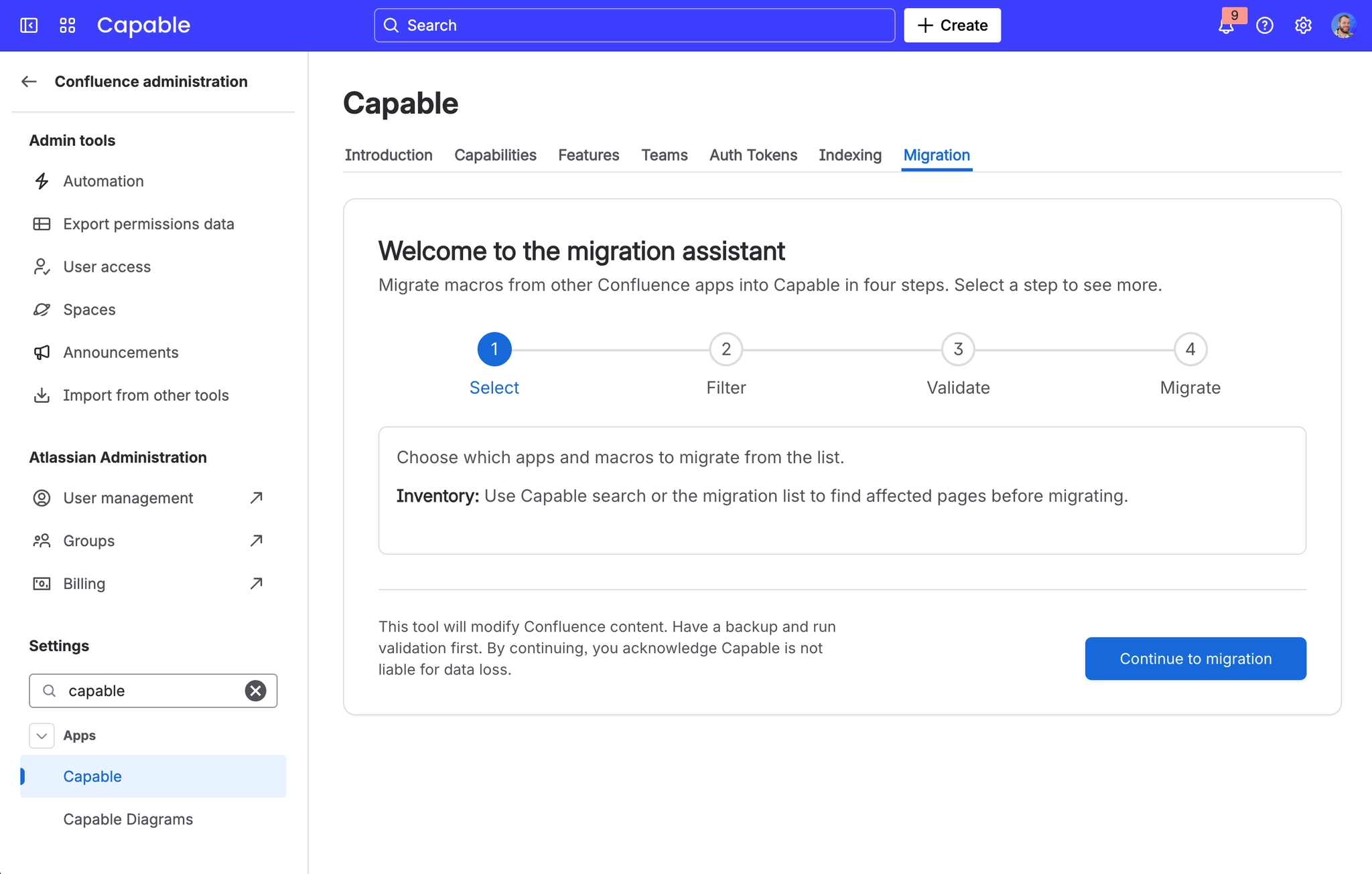 The Capable admin page inside Confluence administration with the Migration tab selected, showing a welcome panel for the migration assistant, a step tracker and a Continue to migration button.