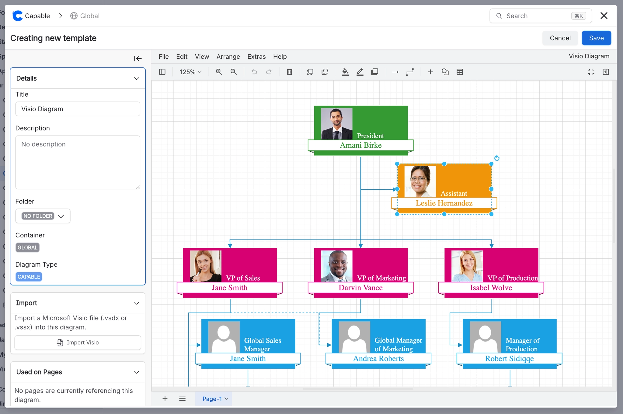An imported Visio organisation chart open in the Capable editor, showing coloured cards with photographs and job titles joined by connector lines, with an import panel on the left offering an Import V
