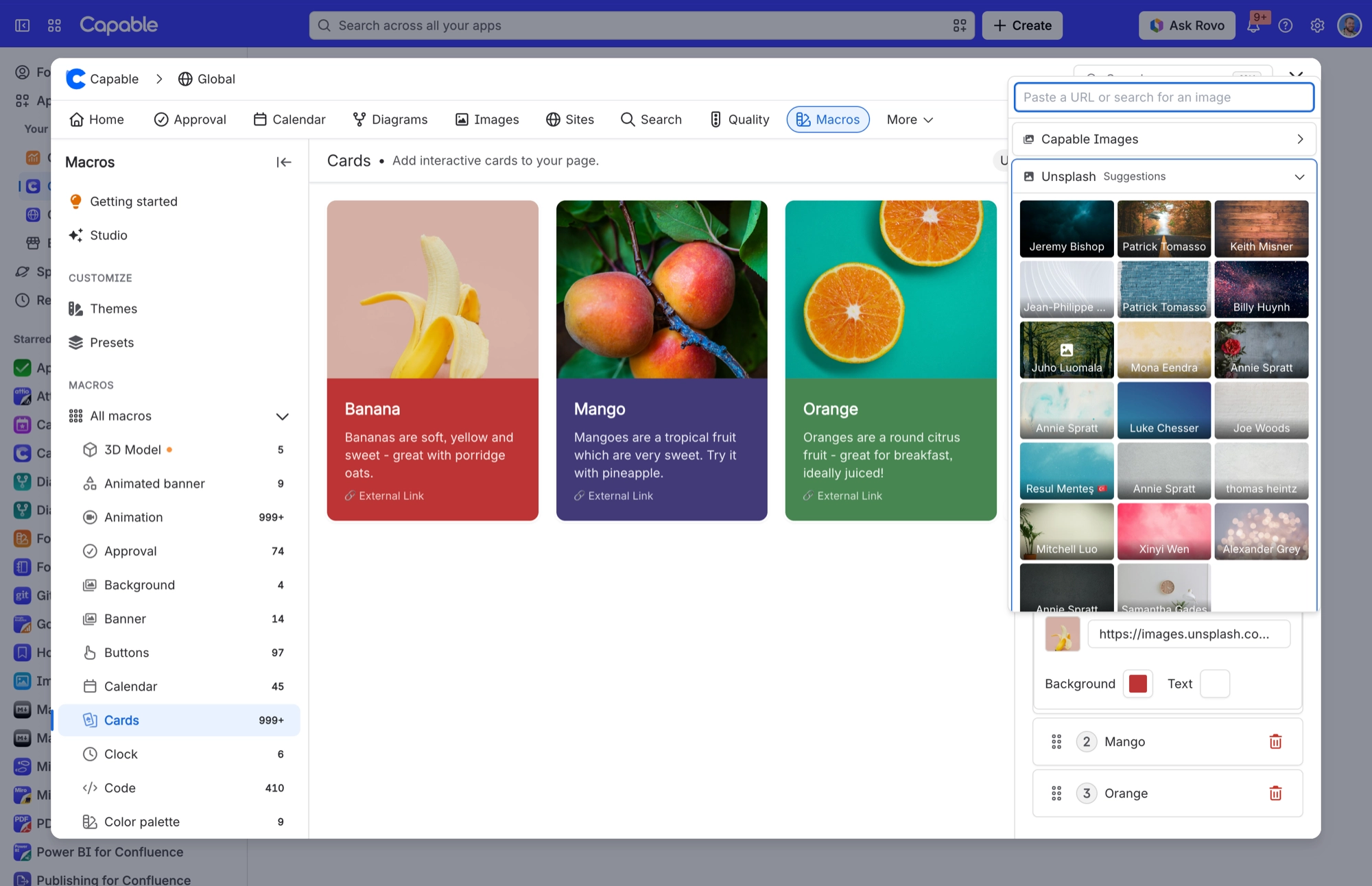 Cards macro with the image picker open, showing a search box to paste a URL or search, Capable Images, and Unsplash suggestions
