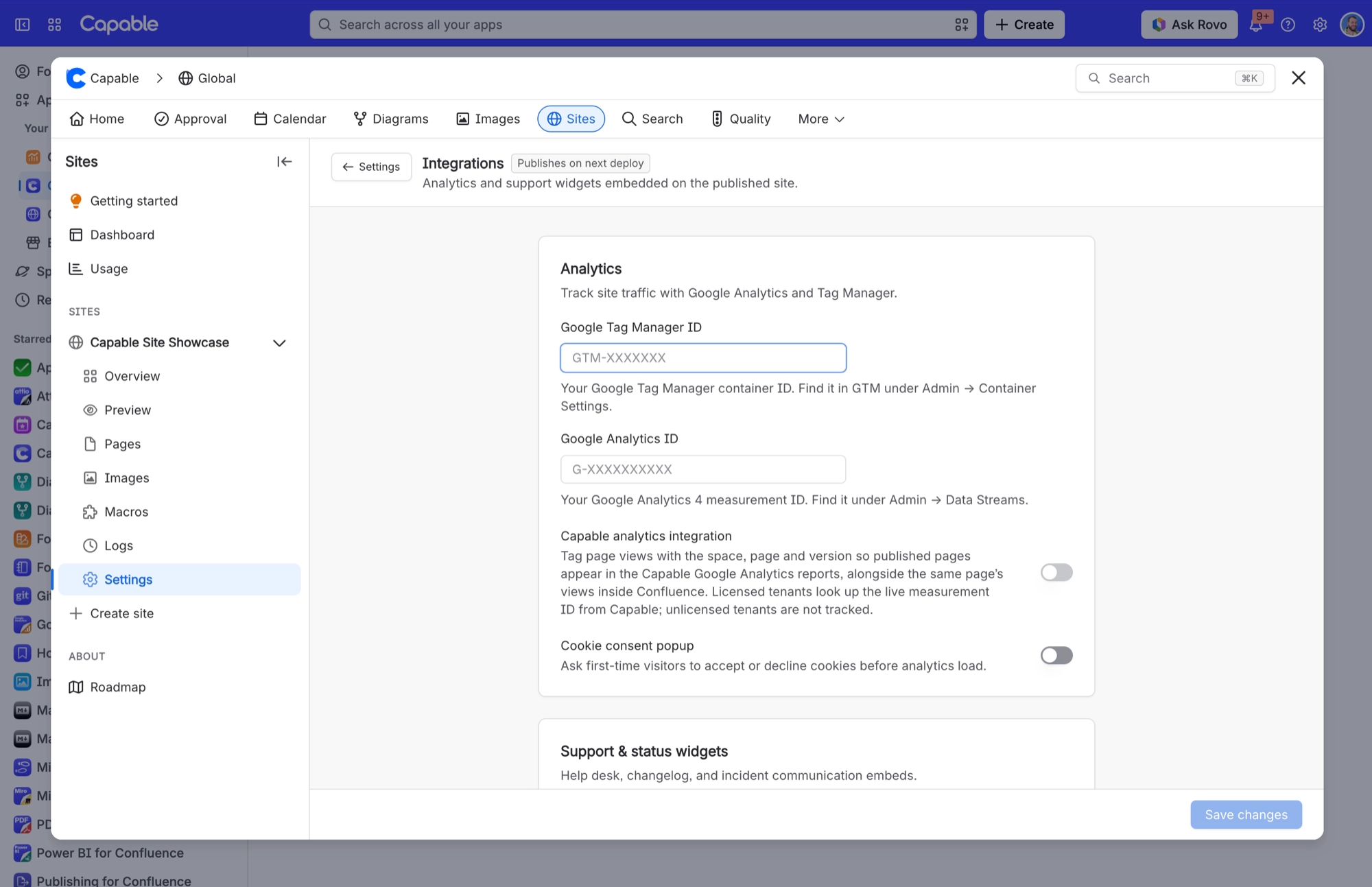 Integrations settings with Google Tag Manager and Google Analytics ID fields and the Capable analytics and cookie consent toggles