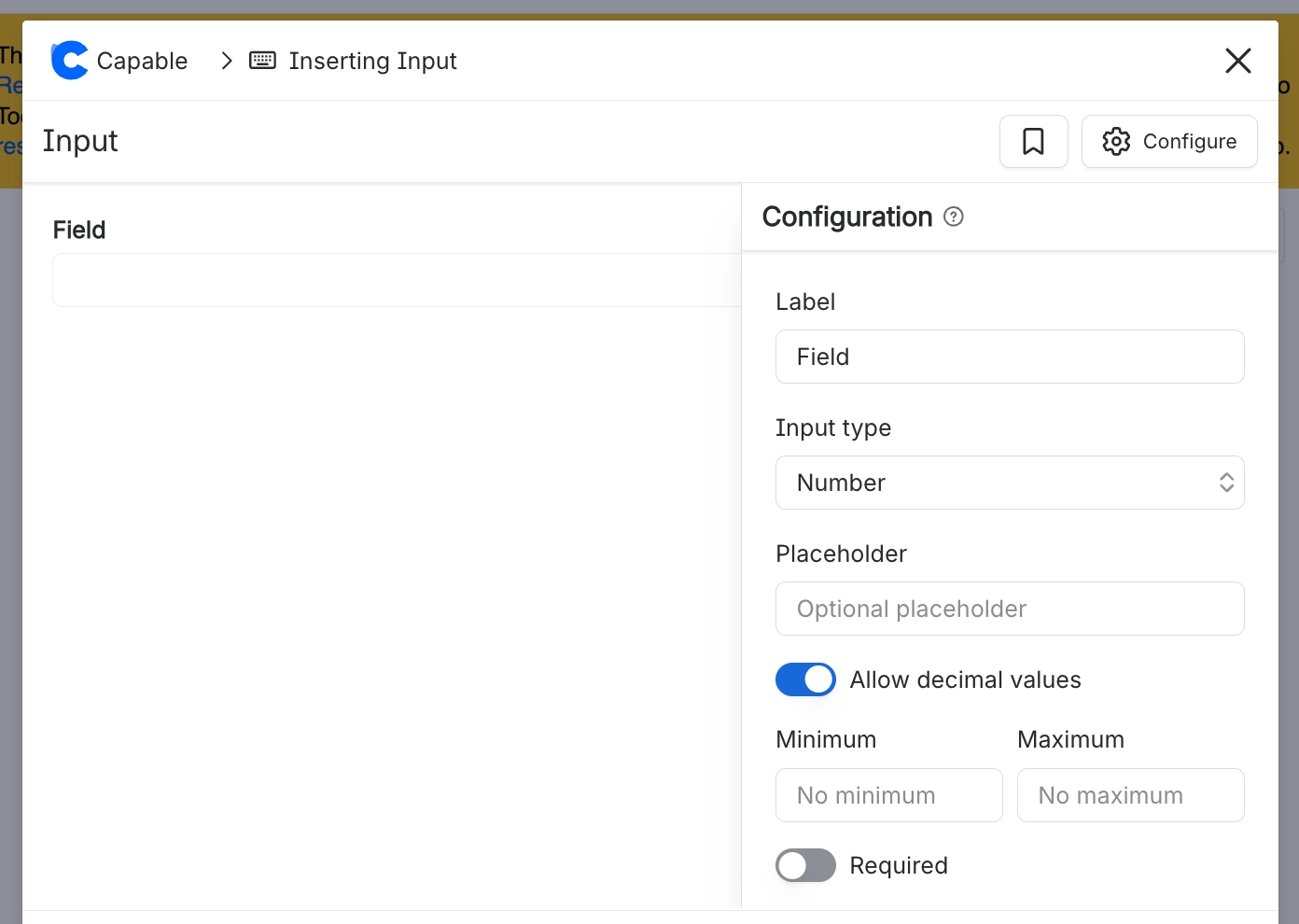 The Input configuration dialog with Input type set to Number, Allow decimal values switched on, empty Minimum and Maximum boxes and Required switched off.