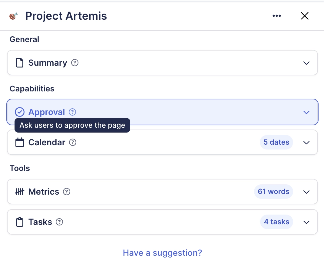 The Capable byline panel for a page, with a tooltip reading Ask users to approve the page shown beneath the Approval row.