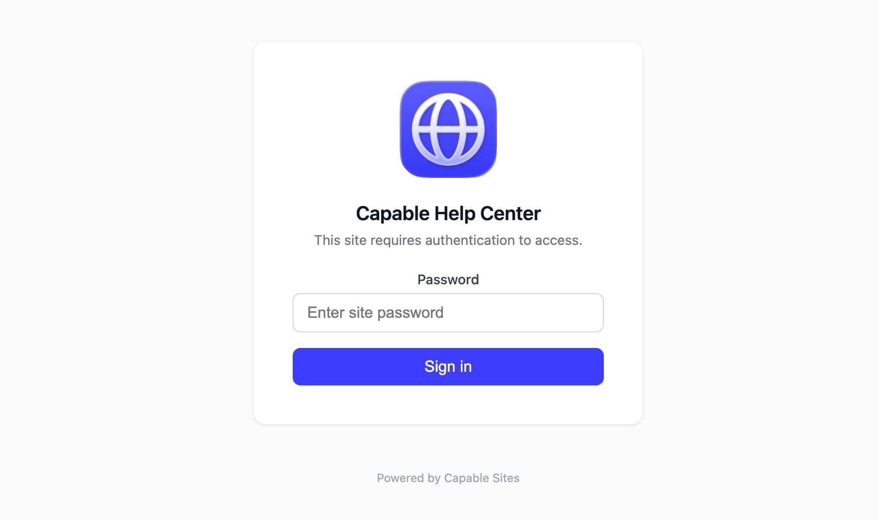A centred sign-in card showing a site icon, the site name, a password field and a Sign in button.