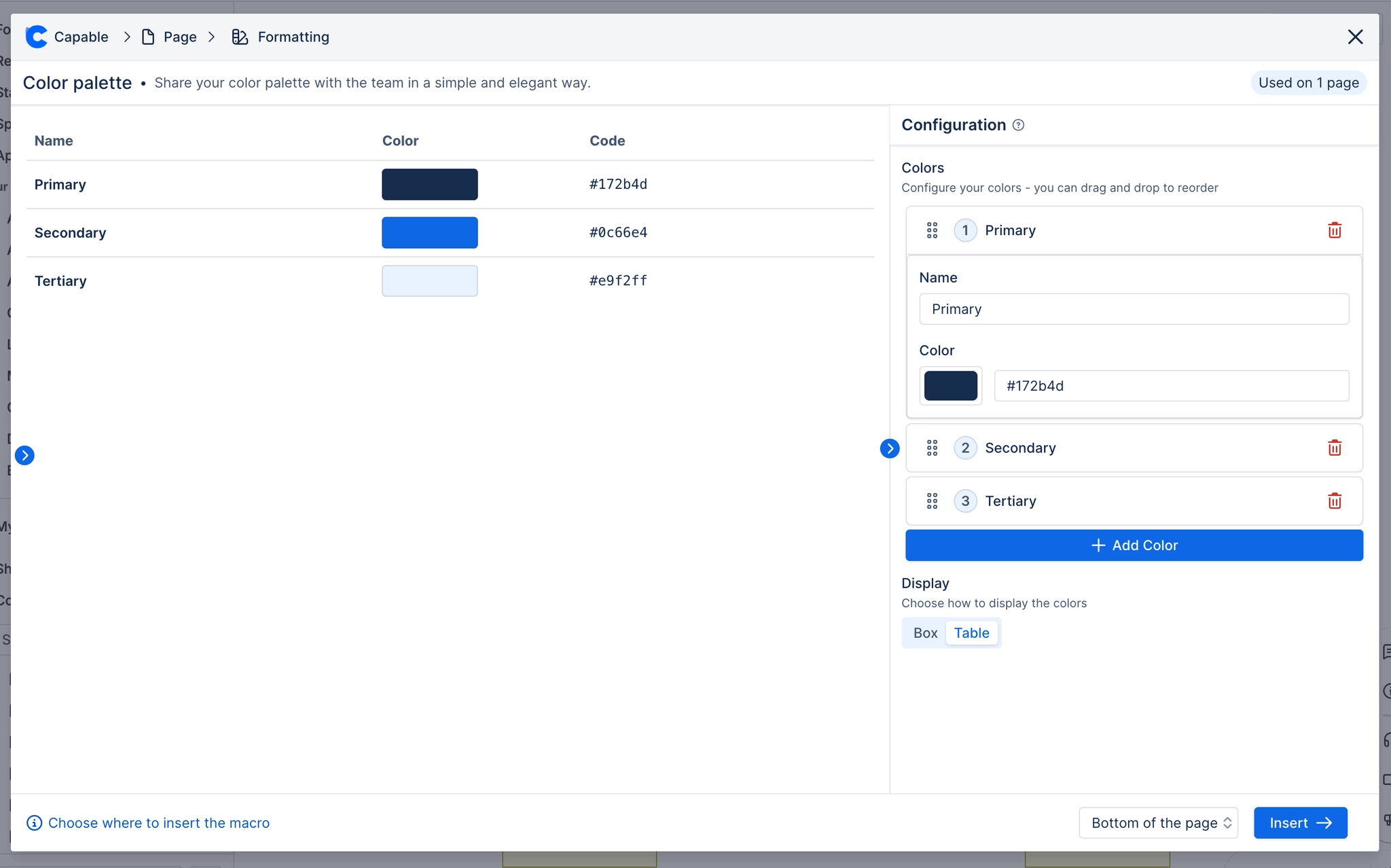 The Color palette configuration modal showing a three row table of primary, secondary and tertiary colours with hex codes, next to a colour list, an add colour button and a box or table display switch