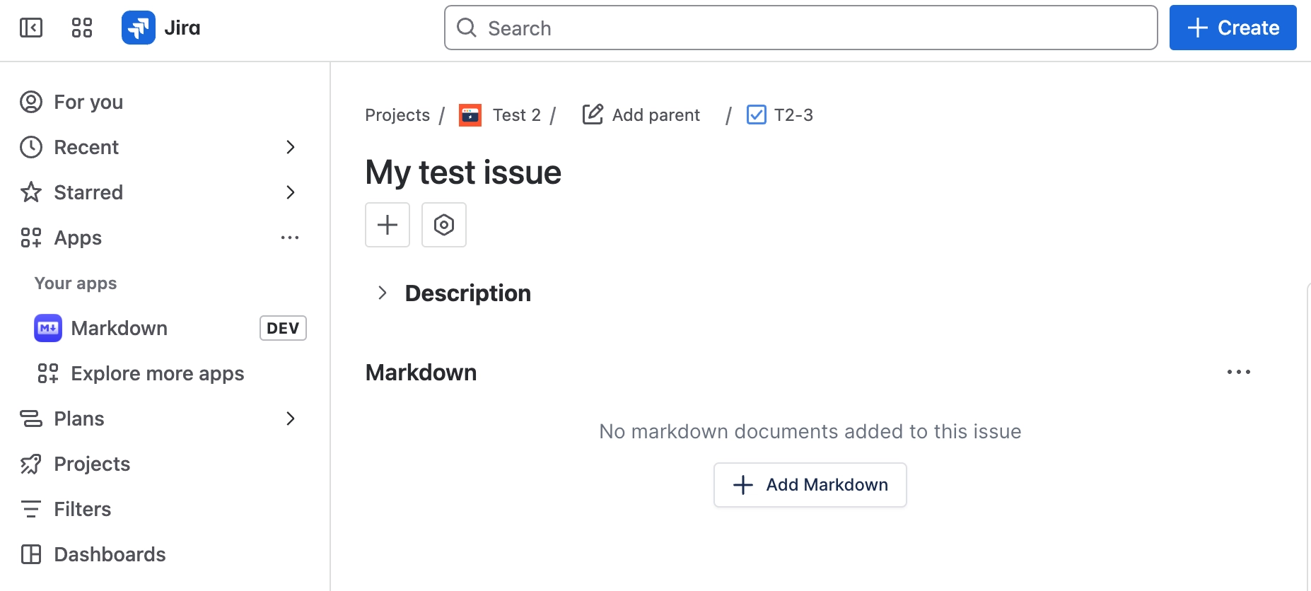 Jira sidebar with the Apps section expanded and Markdown listed under Your apps, beside a work item showing an empty Markdown panel.