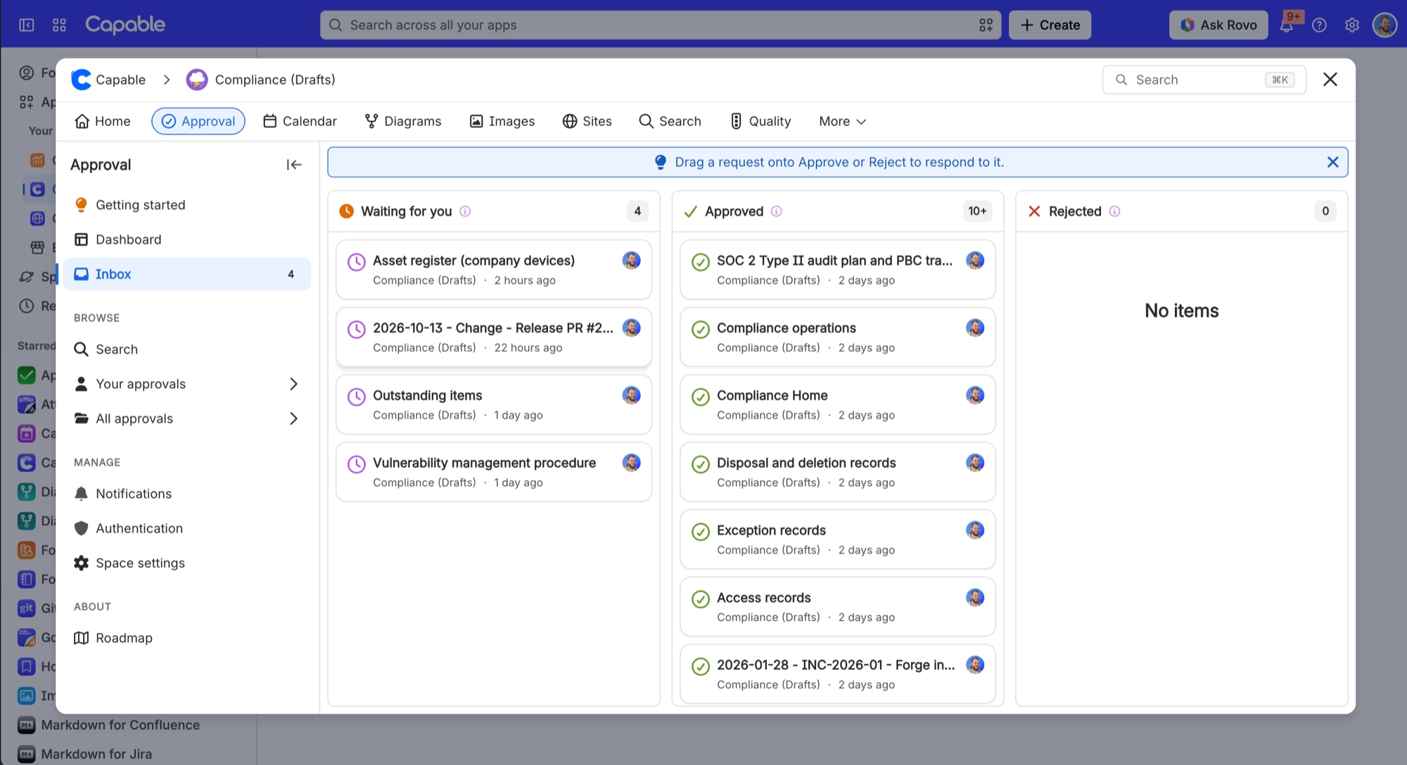 Approval Inbox with Waiting for you, Approved and Rejected columns, and a tip to drag a request onto Approve or Reject