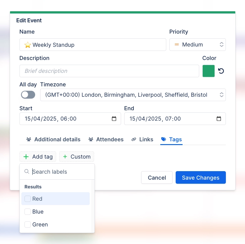 The Edit Event dialog for an event named Weekly Standup, with fields for priority, description, colour, all day, timezone and start and end times, and the Tags tab open showing a label picker listing 