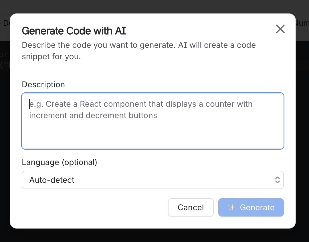 Generate Code with AI dialog with a description box, an optional language menu set to auto detect, and Cancel and Generate buttons
